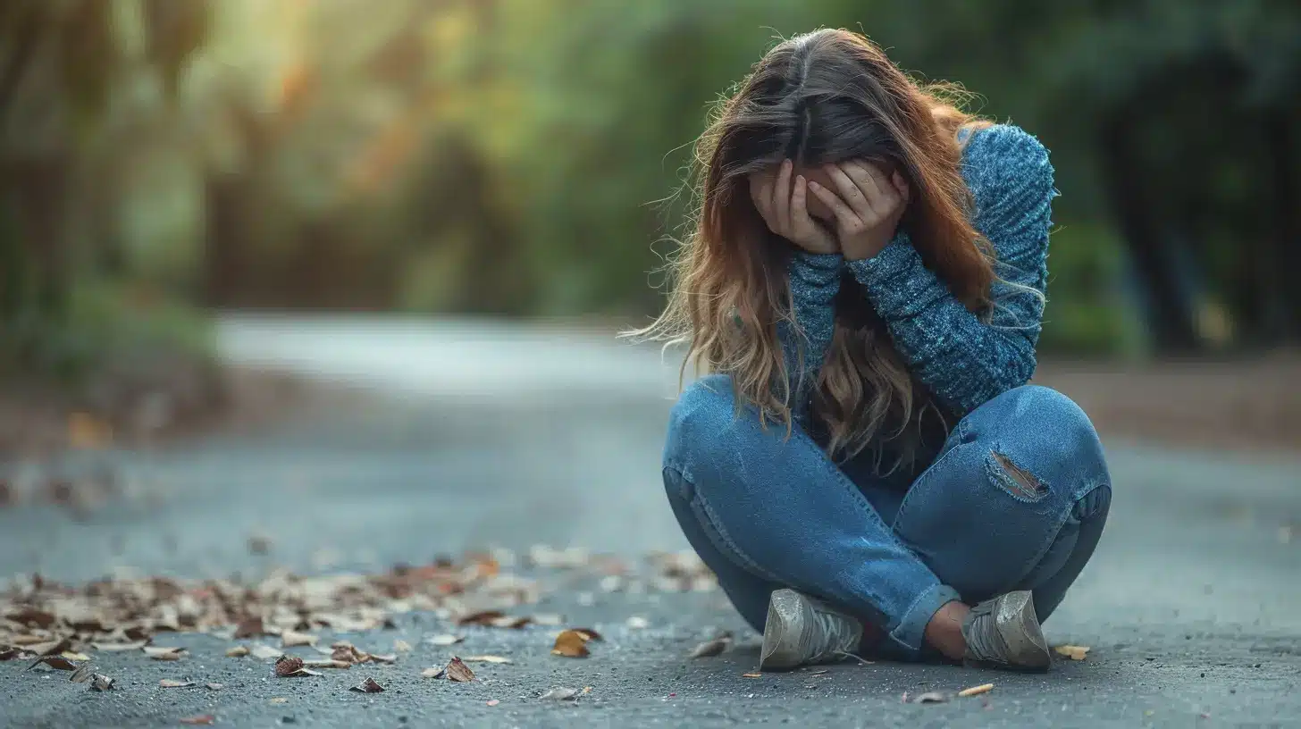 Women sitting with head in hands on the ground